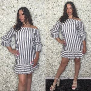 Large blue and white striped off-shoulder dress